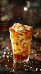 Iced coffee splashes in a glass with coffee beans scattered.