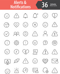 Alerts and Notification Line Icons, Bell, Warning Sign, Pop-Up Message, Badge Alert, Error Symbol, Editable Formats: AI, EPS, PNG, Ideal for Both UI and Print Media Use
