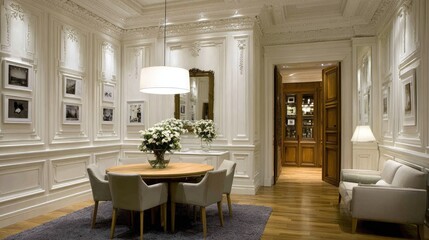 Elegant white dining area with decorative paneling.