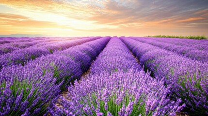 Obraz premium Lavender fields at sunset with vibrant purple flowers and distant mountains