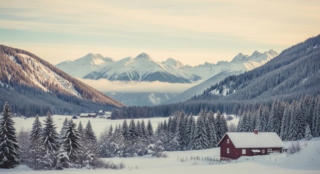 A serene winter landscape showcases a red cabin nestled amidst snow-covered evergreen trees, with majestic mountains rising in the distance under a soft, overcast sky.