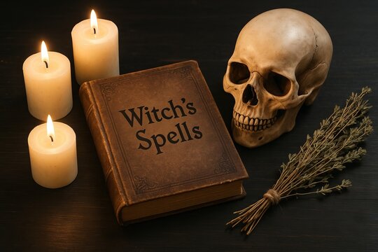 Witch s spell book with skull, candles and dry twigs on dark table. Concept of Halloween witchcraft, scary still life, gothic horror, mysterious magic ritual