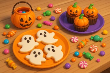 Fototapeta premium Halloween treats: ghost cookies and pumpkin cupcakes with colorful candy for a spooky celebration. concept of festive sweets, halloween fun, and vibrant holiday decor.