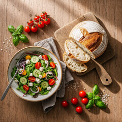 Fresh vegetable salad with feta cheese and round artisan bread on rustic wooden table