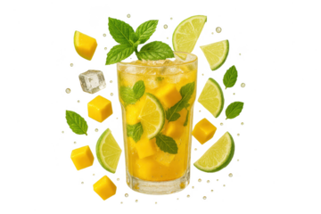 Refreshing mango mojito drink isolated on transparent background, delicious
