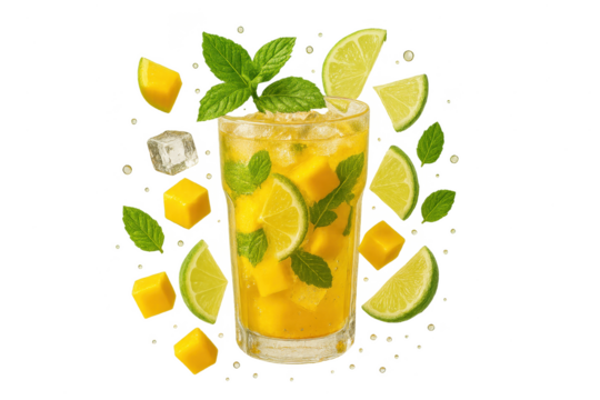 Refreshing mango mojito drink isolated on transparent background, delicious