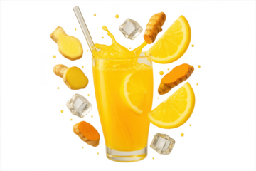 Refreshing orange juice with ginger and turmeric isolated on transparent backdrop