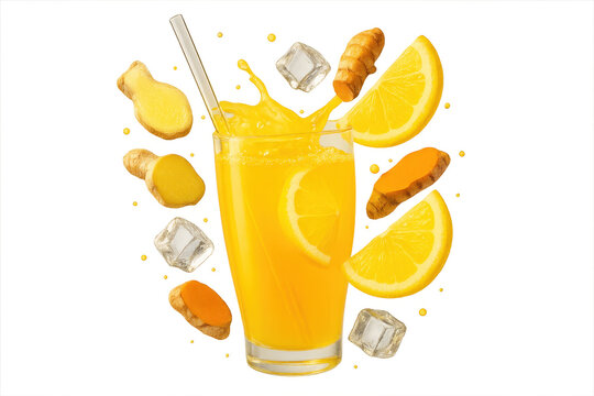 Refreshing orange juice with ginger and turmeric isolated on transparent backdrop