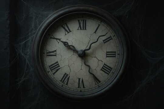 Old vintage clock covered in spiderwebs showing midnight in dark room. Concept of haunted time, Halloween horror atmosphere, spooky gothic interior, forgotten antique object