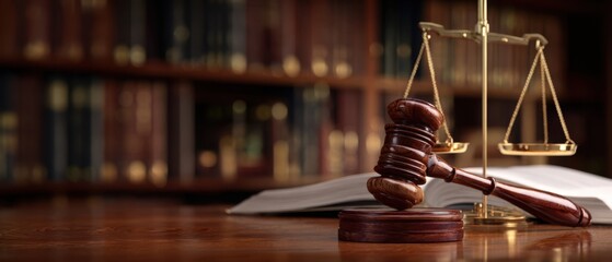 The gavel and scales symbolize justice in a legal environment.