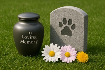 Pet memorial tribute with urn and stone on green grass featuring flowers and paw print for honoring beloved animal companion. concept of remembrance, pet loss, tribute