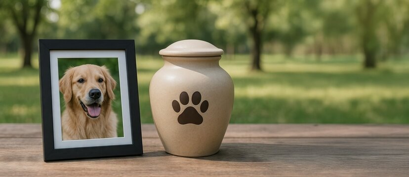 pet memorial tribute with framed dog portrait and paw print urn on wooden table in serene outdoor setting. concept of remembrance, pet loss, grief healing, banner, copy space - Powered by Adobe