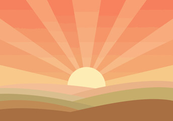 A radiant sunset over a landscape of rolling hills featuring peach and orange hues