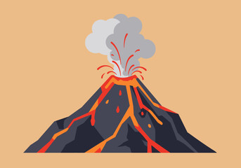 A stylized volcano erupts spewing red lava and grey smoke