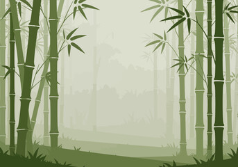 Bamboo forest green stalks leaves  grasses create a dense misty scene Depth implied by fading colors