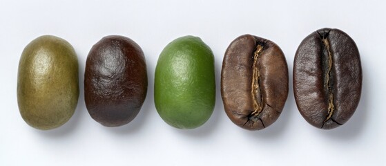 The various stages of coffee beans showcasing their unique characteristics.