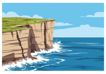 Cliffs meet ocean under a blue sky with sparse clouds creating a dramatic coastal scene
