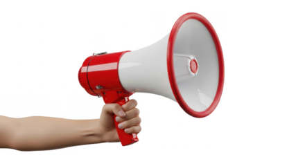 A hand holding a red and white megaphone, isolated on white background.