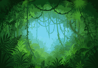 Dense jungle scene with lush green vegetation hanging vines and a glimpse of blue sky © dhorido studio