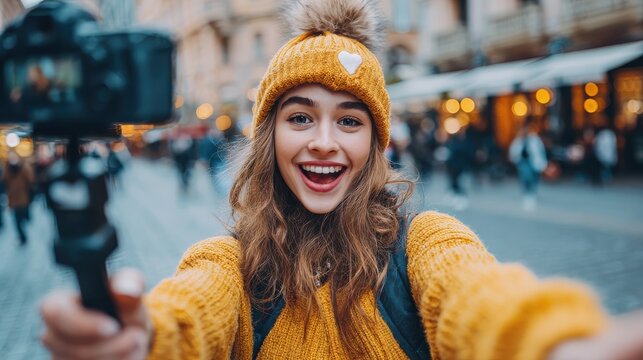Teen girl blogger vlogger record vlog streaming video hold phone on selfie stick in urban city. Young female vlogger shoot social media blog on smartphone get likes emoji, over shoulder closeup view.