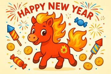 Fototapeta premium Fire horse illustration celebrating chinese new year 2026 with fireworks, coins, and candy. concept of lunar new year, zodiac animal, festive celebration