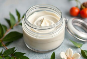 Creamy white swirl in glass jar, smooth texture,   yogurt,  close-up