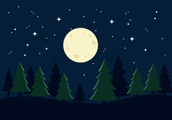 Fototapeta premium Night scene with a full moon stars and a row of pine trees in the foreground
