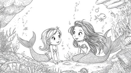 Obraz premium The ocean and the mermaids - coloring page - illustration for the children, no logos, no brands