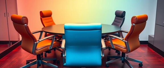 Six diverse office chairs arranged around a table, global business setting, discussion, international