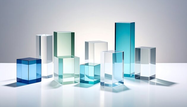 Transparent, translucent, and colored rectangular prisms arranged on a light surface