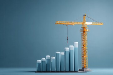 Crane perched above blue chart bars illustrating construction growth and economic progress in a modern business environment