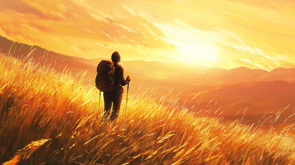 Golden Hour Hiker Silhouette: Nature Trekking Adventure at Sunset