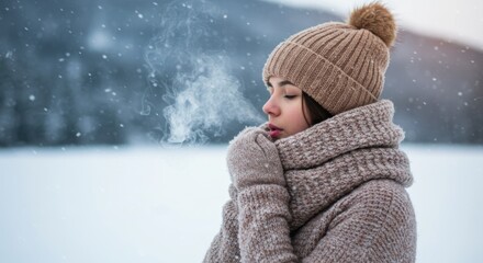 Woman wearing winter clothing exhaling breath in snowy landscape cold weather.