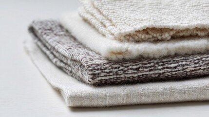 Stack of soft, neutral-toned fabric layers arranged neatly on a clean surface, showcasing different textures and colors in natural lighting