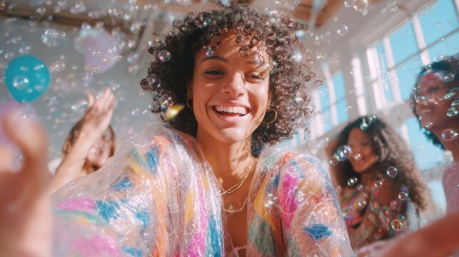 Laughter Bubble Wrap Runway for Influencer Content
Laughing Black woman modeling bubble wrap to friends, with confetti and sunlight, great for influencer and DIY content.
