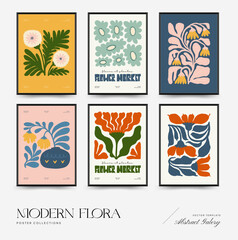 Abstract floral posters template. Modern trendy Matisse minimal style. Pink and blue colors. Hand drawn design for wallpaper, wall decor, print, postcard, cover, template, banner.