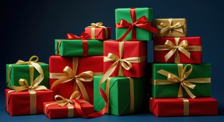 Stack of wrapped christmas gifts in red and green with ribbons.