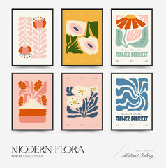 Abstract floral posters template. Modern trendy Matisse minimal style. Pink and blue colors. Hand drawn design for wallpaper, wall decor, print, postcard, cover, template, banner.