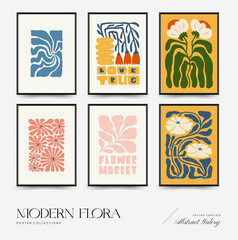 Abstract floral posters template. Modern trendy Matisse minimal style. Pink and blue colors. Hand drawn design for wallpaper, wall decor, print, postcard, cover, template, banner.