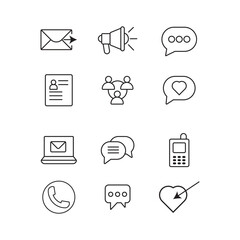  clean communication icons set with email, chat bubble, phone, heart, laptop, user profile elements on white background.