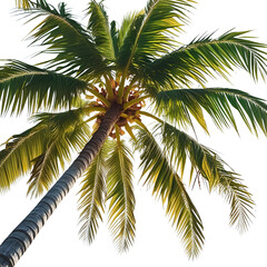 Vibrant green palm fronds reaching upwards against a stark black background