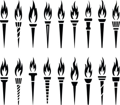 Collection of black torch icons with flames, perfect for sport, competition, leadership and motivation related design projects