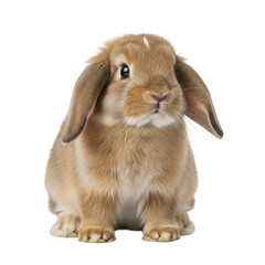 A cute brown lopeared rabbit sits looking forward, isolated on a transparent background