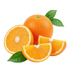 A whole orange and several slices with green leaves are arranged together, isolated on a transparent background