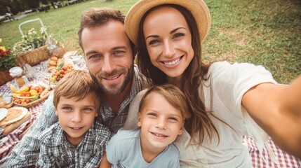 Fototapeta premium family, leisure and technology concept - happy mother, father and two little sons having picnic and taking selfie at summer park, no logos, no brands