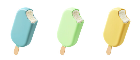 Pastel candy glazed vanilla ice cream bar on stick transparent PNG cutout set bundle, isolated background. Pale blue, green, yellow color flavor cue