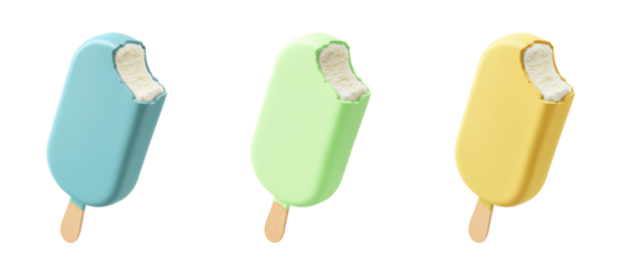 Pastel candy glazed vanilla ice cream bar on stick transparent PNG cutout set bundle, isolated background. Pale blue, green, yellow color flavor cue