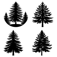 Fototapeta premium Silhouette depiction of four evergreen trees in varying arrangements and individual presentations shown in black