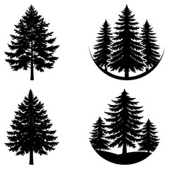 Obraz premium Silhouette illustration of evergreen trees in various arrangements on a white background design element