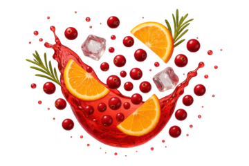 Colorful cranberry juice splash with orange slices isolated on transparent background